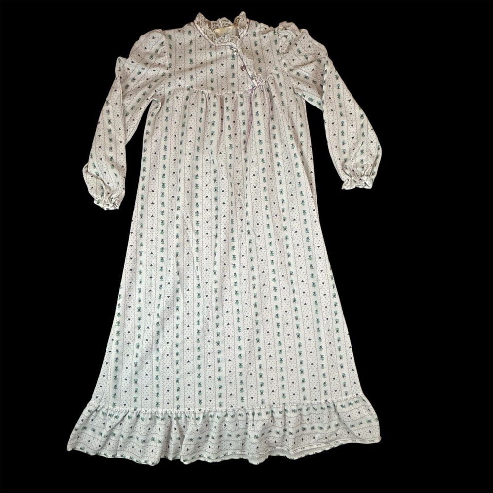 Vtg Sears Girls Nightgown Sz L Floral Cottage Ruffle 80s Hearts Bow Lace Prairie
